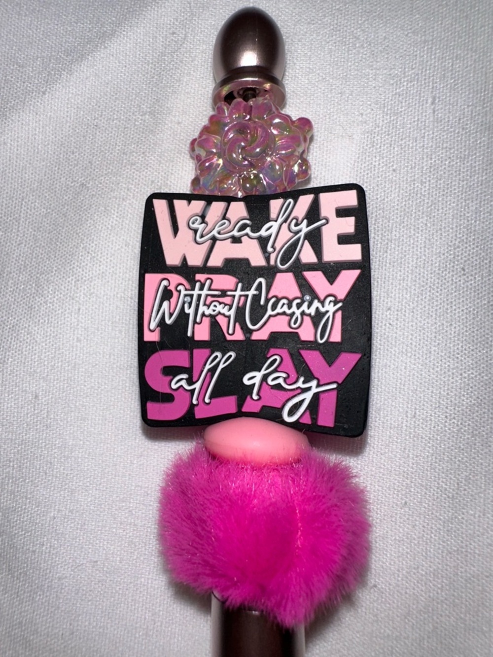 STYLUS - “Wake, Slay, Pray” Handmade Stylus W/Pink Pom-Pom Pen